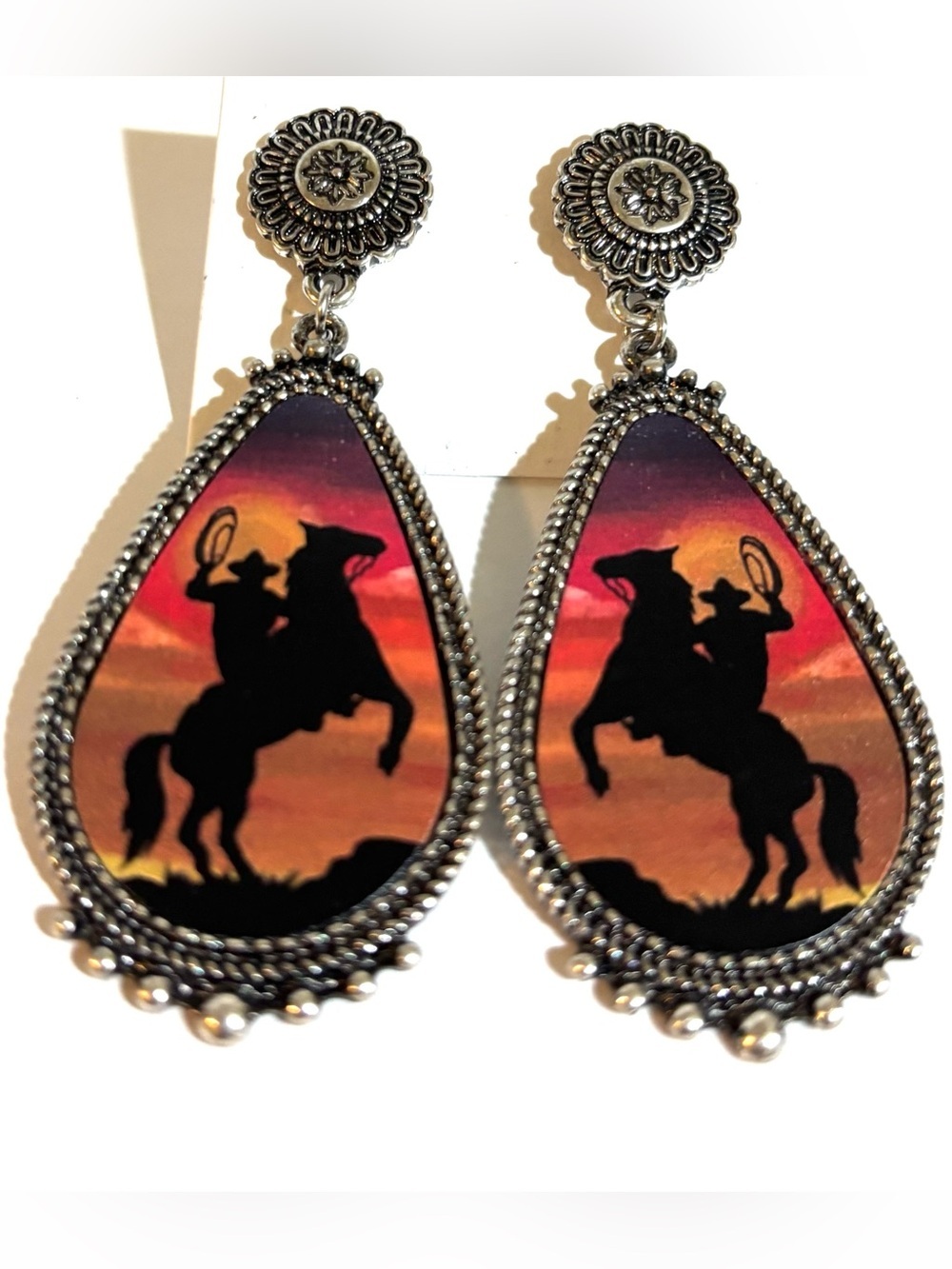 Cowboy Silhouette Teardrop Earrings — Sunset Colors